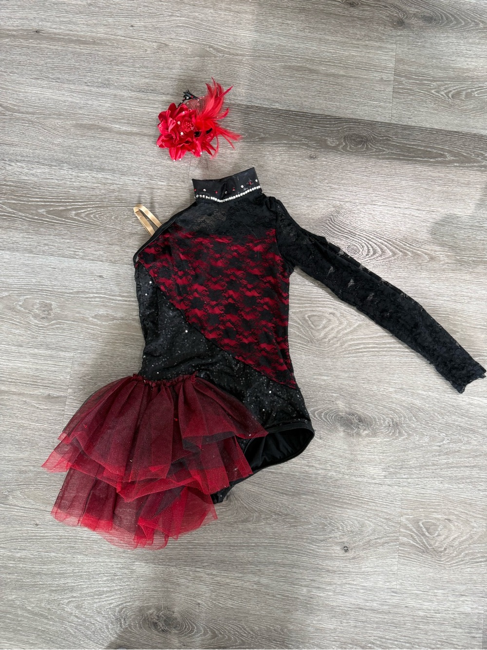 Weissman Black and Red Lace Tutu Dance Leotard with Feather Accent